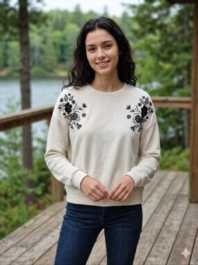 Vero Moda Feminine Cream Crewneck Sweater With Black Velvet Florals Size Large